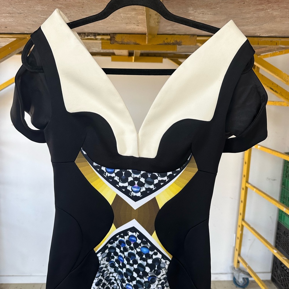 Peter Pilotto Black Structural Dress with Blue and Gold Accents